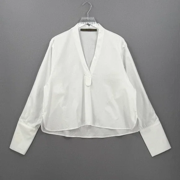ENZA COSTA Poplin mariner Shirt Medium White V Neck Long Sleeve Quite Luxury NEW - Picture 3 of 16
